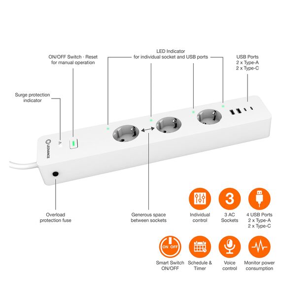 LEDVANCE Smart Plug mit WiFi Technologie, dreifache Steckdosenleiste mit Überlastschutz und Überspannungsschutz inklusive USB Anschlüsse, steuerbar über WiFi App, Alexa und Google (Packung mit 2)