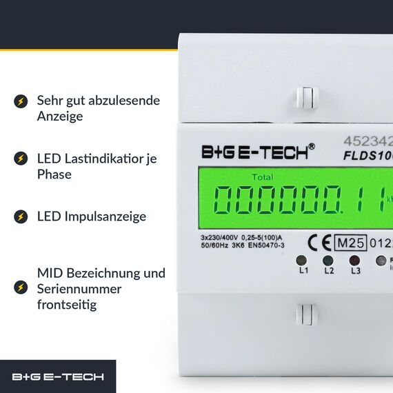 3 Phasen Drehstromzähler [FLDS100 - MID 25] - Stromzähler für TS35 Hutschiene, MID geeicht, digitaler LCD Drehstromzähler mit S0, 100A, 400V