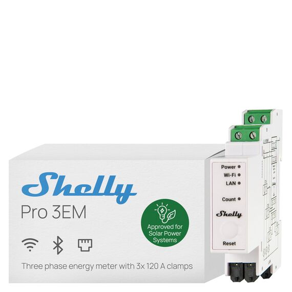 Shelly Pro 3EM (120A) V2 | WLAN & LAN DIN-Schiene 3-Phasen Energiezähler | Echtzeit-Überwachung | kein Relais-Schalter | Kein Hub Erforderlich | Solarpanels | PV-Systeme | Wirkenergie der Klasse B