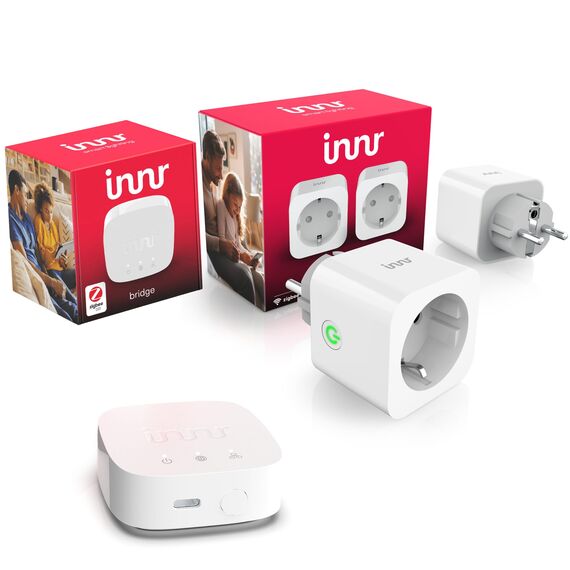 Innr Zigbee Energie-Sparset, 2 Smart Steckdosen mit Energieverbrauchsmessung, Zigbee Bridge, App-Steuerung, Fernsteuerung, Zeitpläne und Energieeinsparung, kompatibel mit Amazon Alexa