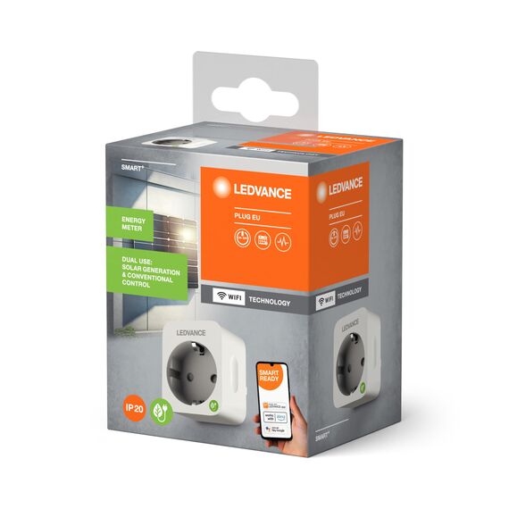 LEDVANCE Smarter WiFi Plug mit Energy Meter, misst sowohl Stromverbrauch als auch Energieerzeugung von Solaranlagen, integriert konventionelle Geräte ins Smart Home, steuerbar mit Alexa & Google