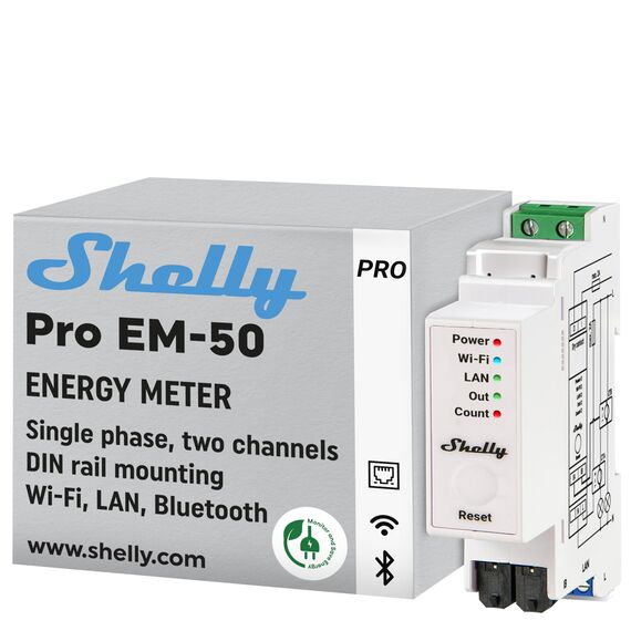 Shelly Pro EM 50A - WLAN & LAN Smart Energiezähler, 2 Kanäle auf 1 Phase, 2A Potentialfreie Kontakte, 4-Quadranten-Messung, Photovoltaik, IEC 62053-21, Kein Hub Erforderlich, Datenspeicherung