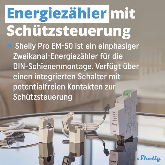 Shelly Pro EM 50A - WLAN & LAN Smart Energiezähler, 2 Kanäle auf 1 Phase, 2A Potentialfreie Kontakte, 4-Quadranten-Messung, Photovoltaik, IEC 62053-21, Kein Hub Erforderlich, Datenspeicherung