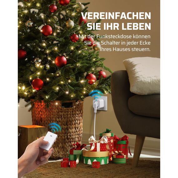 DEWENWILS Funksteckdosen mit Fernbedienung, 16A 3680W, Plug-In Ein/Aus Funk-Wandschalter, Kein Kabel Erforderlich, Erweiterbarer Lichtschalter für Feiertagsdeko, 30M Reichweite,Vorprogrammiert, Weiß