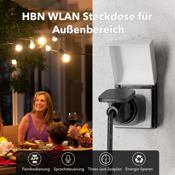 HBN 4er WLAN Steckdose Outdoor 16A, Smart Home Zeitschaltuhr Aussenbereich mit App Steuerung, Sprachsteuerung, IP44 Alexa Außensteckdose, kompatibel mit Alexa & Google Home 2,4GHz, Schwarz