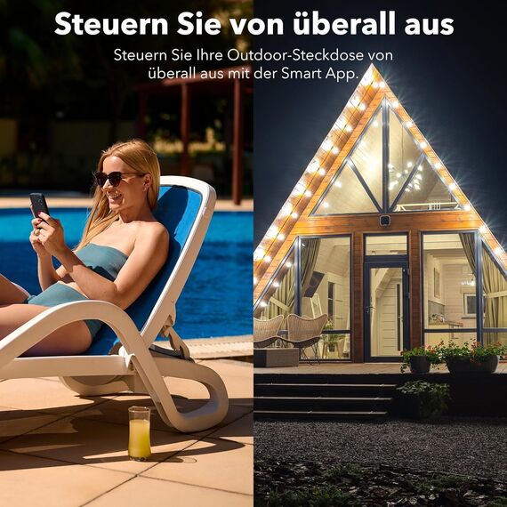 HBN WLAN Steckdose Outdoor 16A, Smart Home Zeitschaltuhr Aussenbereich mit App Steuerung, Sprachsteuerung, IP44 Alexa Außensteckdose, kompatibel mit Alexa & Google Home 2,4GHz, Schwarz