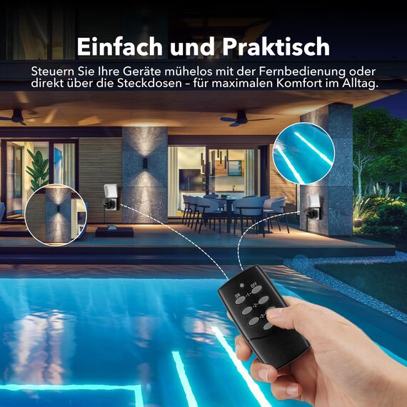 HBN Funksteckdosen mit fernbedienung Aussen, IP44 Wasserdicht Funkschalter Set - 2er Steckdosen mit Fernbedienung für Außenbereich, Garten, Terrasse, Balkon, Lichterkette, 3680W Schwarz