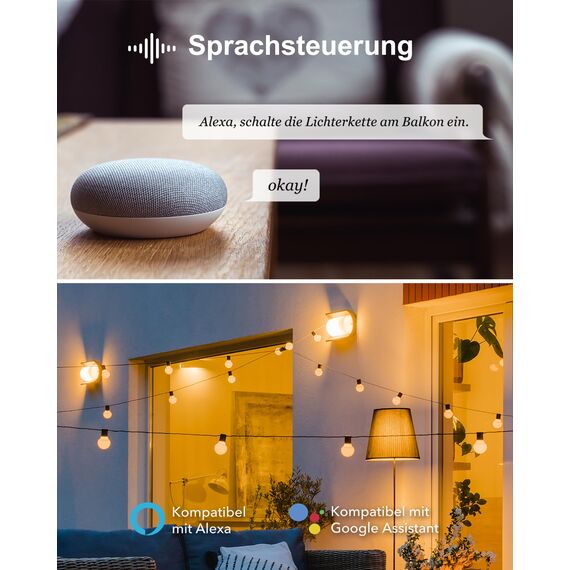 HBN WLAN Steckdose Outdoor mit 2 Ausgänge, 16A 3600W Smart Außensteckdose, IP54 Wasserdicht, Wifi Doppelsteckdose Außen, Kompatibel mit Alexa und Google Assistant, 1,5m Kabel