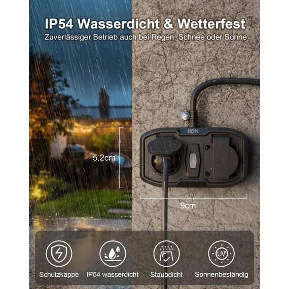 HBN WLAN Steckdose Outdoor mit 2 Ausgänge, 16A 3600W Smart Außensteckdose, IP54 Wasserdicht, Wifi Doppelsteckdose Außen, Kompatibel mit Alexa und Google Assistant, 1,5m Kabel