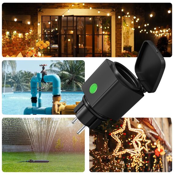 HBN 4er WLAN Steckdose Outdoor 16A, Smart Home Zeitschaltuhr Aussenbereich mit App Steuerung, Sprachsteuerung, IP44 Alexa Außensteckdose, kompatibel mit Alexa & Google Home 2,4GHz, Schwarz