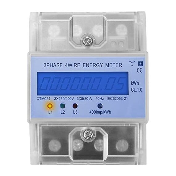 Stromzähler 3 Phasen Digitaler Drehstromzähler Hutschiene, 4P DIN LCD 50Hz 3x230V / 400V 80A, KWH Wattmeter Energiemessgerät, XTM024 Zwischenzähler Strom