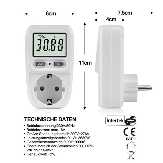 MECHEER Stromverbrauchsmesser Energiekostenmessgerät Stromzähler für Steckdose, Energiemessgerät Stromverbrauchszähler Strommessgerät 5 Modi LCD Wattmeter KWH Strommesser Überlastungswarnung 3680W