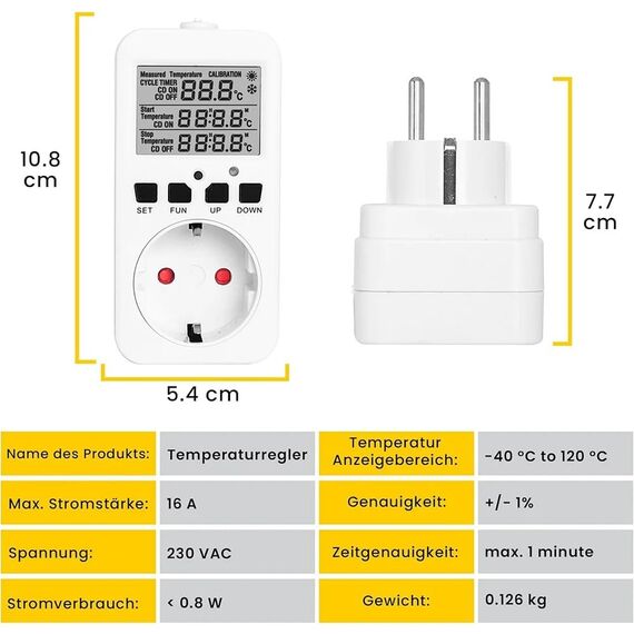 Offgridtec Temperaturregler für Steckdose, Digitalanzeige, Externer Sensor 50cm, Heiz- & Kühlmodi, Zeitschaltfunktion, Plug & Play, Präzise Temperaturkontrolle, Energieeffizient