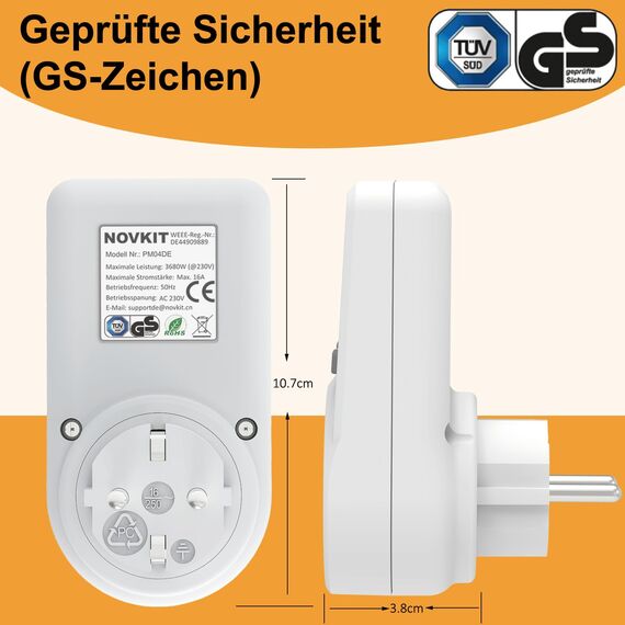 NOVKIT Stromzähler für Steckdose, Energiekostenmessgerät, Stromverbrauchsmesser mit Speicherfunktion (230V / 16A / 3680W) (1)