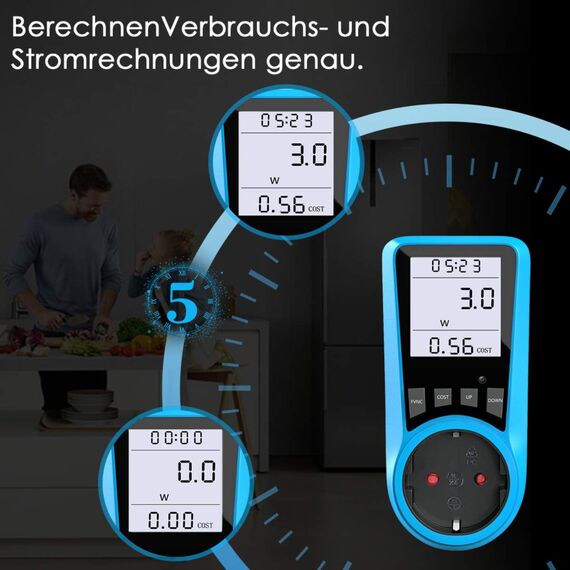 Stromkostenmessgerät Steckdose Energiekostenmessgerät Stromzähler LCD beleuchtet Leistungsmesser 3680W 16A 230V Überlastschutz 7 Modi Genauigkeit 1.0 Haushaltsgeräte Balkonkraftwerk Wattmeter