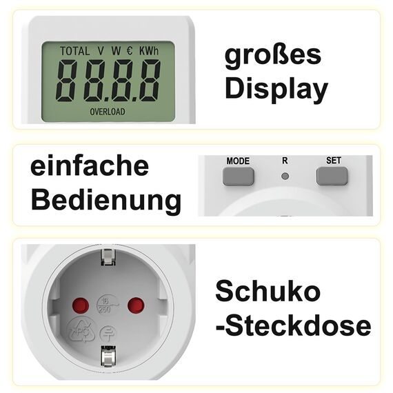 NOVKIT Stromzähler für Steckdose, Energiekostenmessgerät, Stromverbrauchsmesser mit Speicherfunktion (230V / 16A / 3680W) (1)