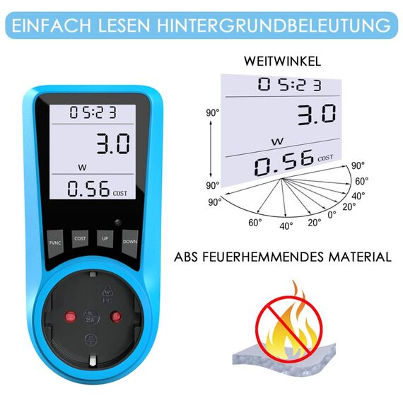 Stromkostenmessgerät Steckdose Energiekostenmessgerät Stromzähler LCD beleuchtet Leistungsmesser 3680W 16A 230V Überlastschutz 7 Modi Genauigkeit 1.0 Haushaltsgeräte Balkonkraftwerk Wattmeter