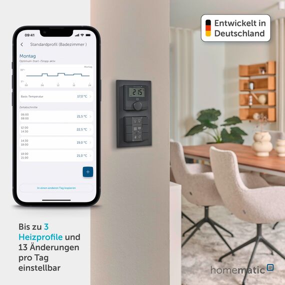 Homematic IP Wandthermostat mit Luftfeuchtigkeitssensor, athrazit, Smart Home, digitales Thermostat Heizkörper/Fußbodenheizung App, Alexa, Google Home, Temperaturmessung, Energie sparen, 159820A0