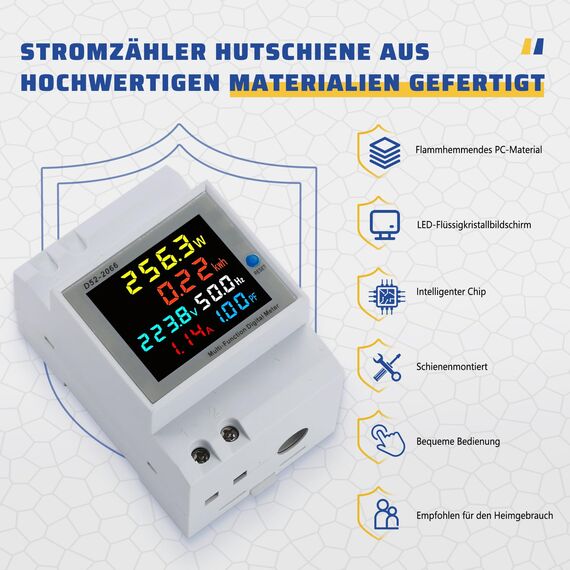 BOSYTRO Stromzähler Hutschiene 1 Phasig, LCD Digitaler Energiezähler AC40-300V 100A 6 in 1 Multifunktionaler Wechselstromzähler KWh Zähler, Amperemeter Voltmeter DIN, Geschlossenem Typ CT
