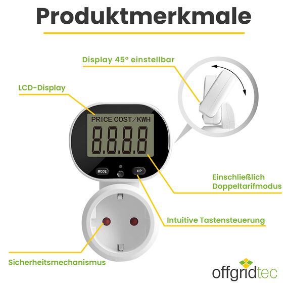 Offgridtec Plug-in Energieverbrauchsmesser mit Dual-Tarif-Modus, 230 V 50 Hz, LCD-Display, einstellbarem 45°-Neigungsbildschirm, Plug & Play, Über-/Unterspannungs-Schutz, max. 16A/3680W