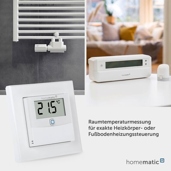 Homematic IP Temperatur- und Luftfeuchtigkeitssensor mit Display – innen, Smart Home, steuert Heizkörper/Fußbodenheizung per App, Alexa, Google Home, Temperaturmessung, Energie sparen, 150180A0
