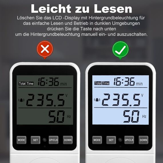 Stromzähler für Steckdose 8 Modi, Strommessgerät Energiekostenmessgerät Stromverbrauchsmesser Watt Messgerät Kwh Zähler mit Nutzungszeit, Leistungsmesser mit Hintergrundbeleuchtung