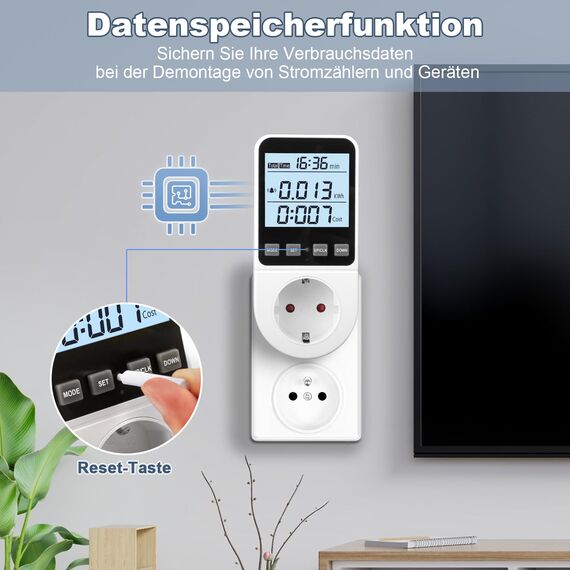Stromzähler für Steckdose 8 Modi, Strommessgerät Energiekostenmessgerät Stromverbrauchsmesser Watt Messgerät Kwh Zähler mit Nutzungszeit, Leistungsmesser mit Hintergrundbeleuchtung