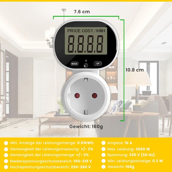 Offgridtec Plug-in Energieverbrauchsmesser mit Dual-Tarif-Modus, 230 V 50 Hz, LCD-Display, einstellbarem 45°-Neigungsbildschirm, Plug & Play, Über-/Unterspannungs-Schutz, max. 16A/3680W
