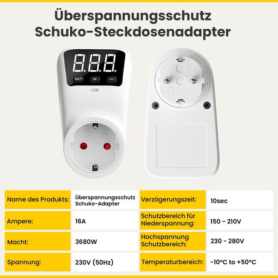 Offgridtec Überspannungsschutz Schuko Adapter 16A 3680W, Einstellbarer 170–265V Spannungsschutz, LCD-Display, Automatische Über-/Unterspannung Abschaltung, Intelligenter Neustartverzögerung