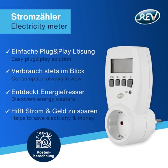 REV Stromzähler mit Kostenberechnung, Energiekostenmessgerät, Stromverbrauch messen Energie, weiß