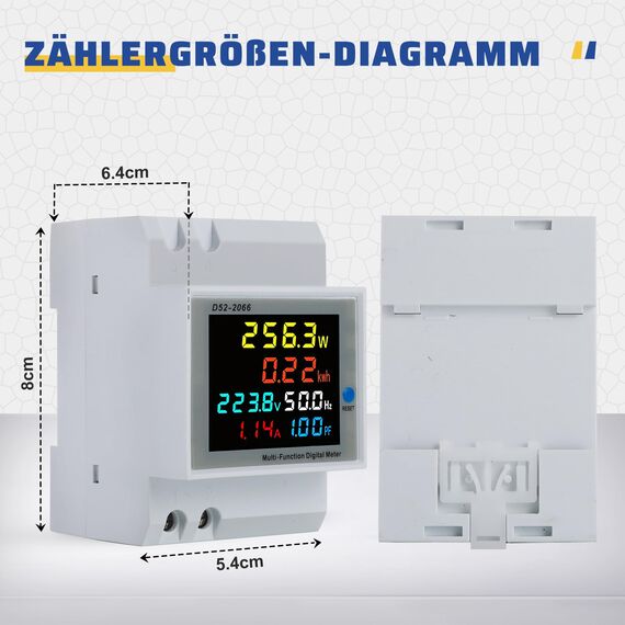 BOSYTRO Stromzähler Hutschiene 1 Phasig, LCD Digitaler Energiezähler AC40-300V 100A 6 in 1 Multifunktionaler Wechselstromzähler KWh Zähler, Amperemeter Voltmeter DIN, Geschlossenem Typ CT