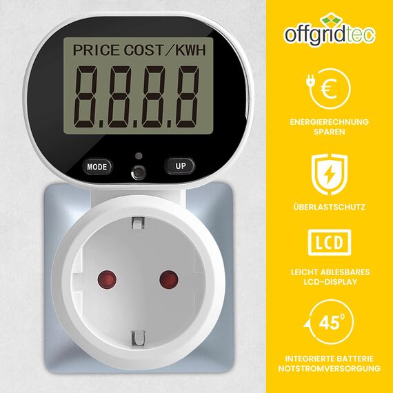 Offgridtec Plug-in Energieverbrauchsmesser mit Dual-Tarif-Modus, 230 V 50 Hz, LCD-Display, einstellbarem 45°-Neigungsbildschirm, Plug & Play, Über-/Unterspannungs-Schutz, max. 16A/3680W