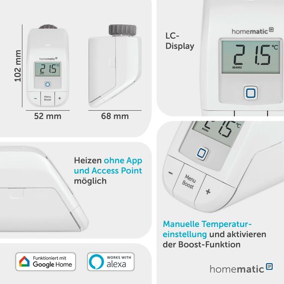 Homematic IP Smart Home Heizkörperthermostat – Basic, digitaler Thermostat Heizung, Steuerung per App, Alexa, Google Assistant, einfache Installation, Energie sparen, 153412A0
