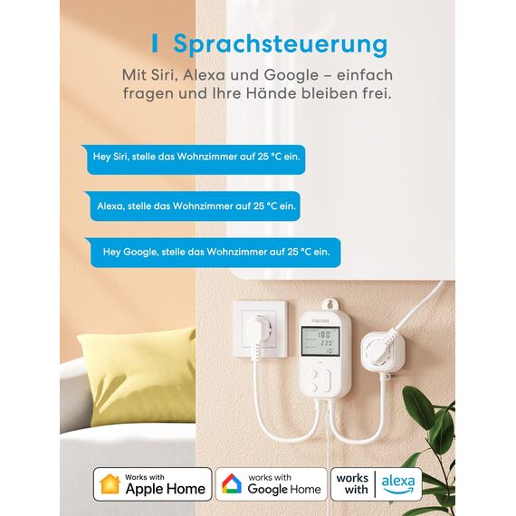 Meross Smart Thermostat Steckdose für HomeKit Digital WLAN Temperaturregler WiFi Heizungsthermostat Steckdose mit Fühler für Heizung und Kühlung 16 A, 2,4GHz, Weiß