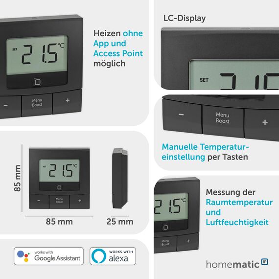 Homematic IP Wandthermostat – Basic, anthrazit, Smart Home, digitales Thermostat für Heizkörper mit/ohne App, Alexa, Google Home, Temperaturmessung, Energie sparen, 160554A0