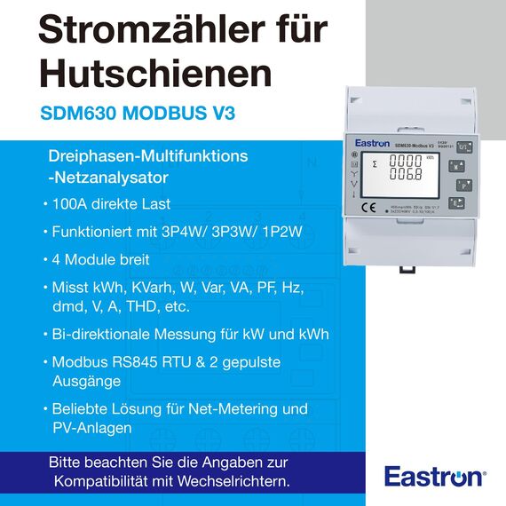Eastron SDM630Modbus-V3 Drehstromzähler digitaler Stromzähler für Hutschiene, Multifunktional, Bidirektional mit 2x S0, RS485 Modbus-RTU