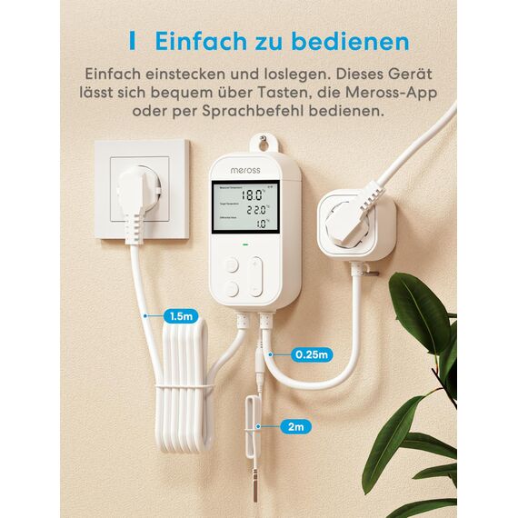 Meross Smart Thermostat Steckdose für HomeKit Digital WLAN Temperaturregler WiFi Heizungsthermostat Steckdose mit Fühler für Heizung und Kühlung 16 A, 2,4GHz, Weiß
