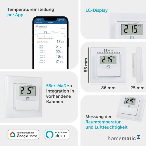 Homematic IP Temperatur- und Luftfeuchtigkeitssensor mit Display – innen, Smart Home, steuert Heizkörper/Fußbodenheizung per App, Alexa, Google Home, Temperaturmessung, Energie sparen, 150180A0