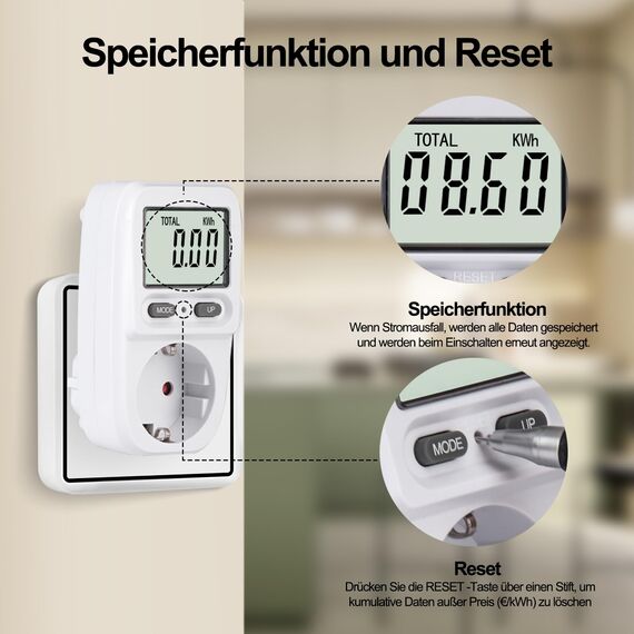 MECHEER Stromverbrauchsmesser Energiekostenmessgerät Stromzähler für Steckdose, Energiemessgerät Stromverbrauchszähler Strommessgerät 5 Modi LCD Wattmeter KWH Strommesser Überlastungswarnung 3680W