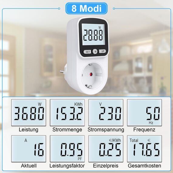 Stromzähler für Steckdose Stromverbrauchsmesser Steckdose 8 Modi, Strommessgerät Steckdose Energiekostenmessgerät Hintergrundbeleuchtung Großes LCD KWH Watt Energiemessgerät Leistungsmesser Steckdose