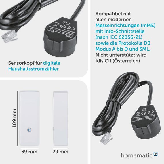 Homematic IP Smart Home Schnittstelle für Smart Meter und Haushaltszähler, Energieschnittstelle, Ernegie messen und Kosten sparen, Strom mit App überwachen, Smart Home automatisieren, 159672A0