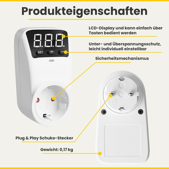 Offgridtec Überspannungsschutz Schuko Adapter 16A 3680W, Einstellbarer 170–265V Spannungsschutz, LCD-Display, Automatische Über-/Unterspannung Abschaltung, Intelligenter Neustartverzögerung