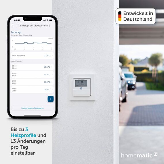Homematic IP Temperatur- und Luftfeuchtigkeitssensor mit Display – innen, Smart Home, steuert Heizkörper/Fußbodenheizung per App, Alexa, Google Home, Temperaturmessung, Energie sparen, 150180A0