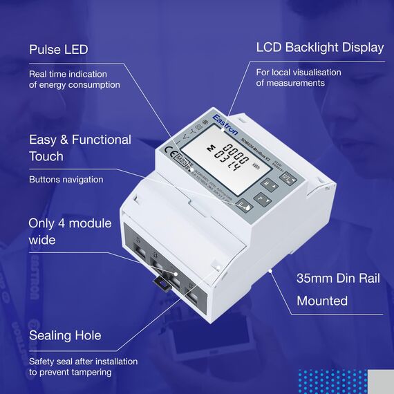 EASTRON SDM630 MODBUS-MID V2 Stromverbrauchsmesser - 1/3 Phasen Stromzähler Hutschiene - Strommessgerät - Drehstromzähler - Modbus RS485 RTU, 100A kWh, Impulszähler & beleuchtetes LCD-Display