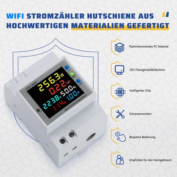 BOSYTRO Stromzähler Hutschiene 1 Phasig, Wifi Smart Stromzähler AC40-300V 100A 6 in 1 Multifunktionaler Wechselstromzähler KWh Zähler, Digitaler stromzähler DIN, Geschlossenem Typ CT