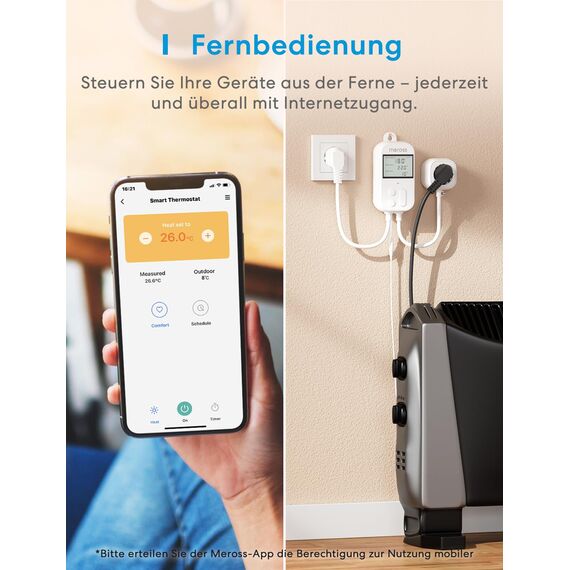 Meross Smart Thermostat Steckdose für HomeKit Digital WLAN Temperaturregler WiFi Heizungsthermostat Steckdose mit Fühler für Heizung und Kühlung 16 A, 2,4GHz, Weiß