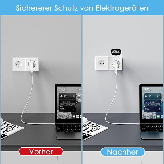 Spannungsschutz Steckdose 230 V | Über- und Unterspannungsschutz mit einstellbaren Grenzwerten für Ganze Hauswand für Zuhause, Büro, Reisen, LED-Kontrollleuchte, 3680W/16A