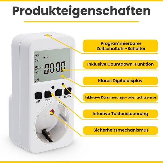 Offgridtec Digitaler Timer-Schalter mit Dämmerungssensor, 4 Modi, Einstellbare Helligkeit 0–99, Countdown, Auto EIN/AUS & Immer-EIN, Energiesparende Hausautomatisierung (230V 50Hz, 16A 3680W)