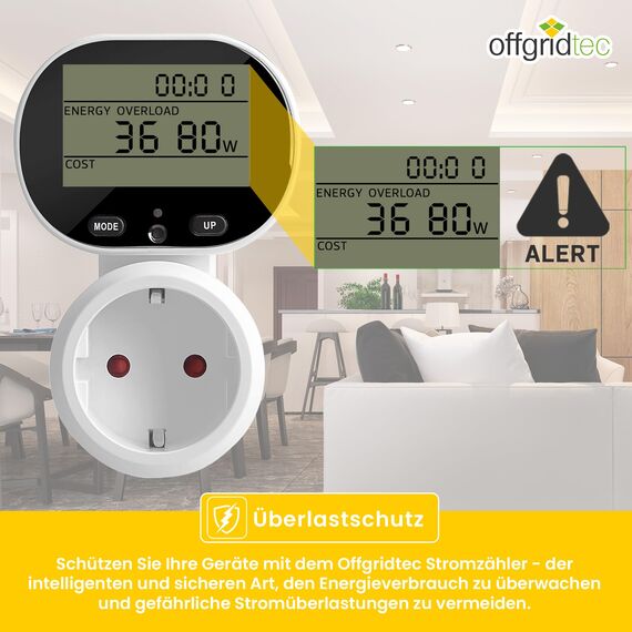 Offgridtec Plug-in Energieverbrauchsmesser mit Dual-Tarif-Modus, 230 V 50 Hz, LCD-Display, einstellbarem 45°-Neigungsbildschirm, Plug & Play, Über-/Unterspannungs-Schutz, max. 16A/3680W