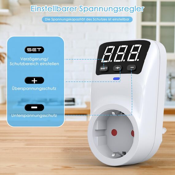 Spannungsschutz Steckdose 230 V | Über- und Unterspannungsschutz mit einstellbaren Grenzwerten für Ganze Hauswand für Zuhause, Büro, Reisen, LED-Kontrollleuchte, 3680W/16A